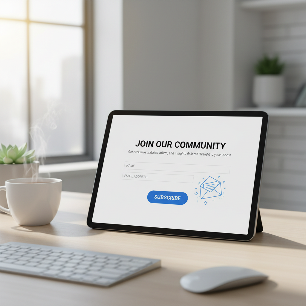 A tablet screen displays a newsletter subscription form titled "Join Our Community" on a desk next to a steaming cup of coffee.