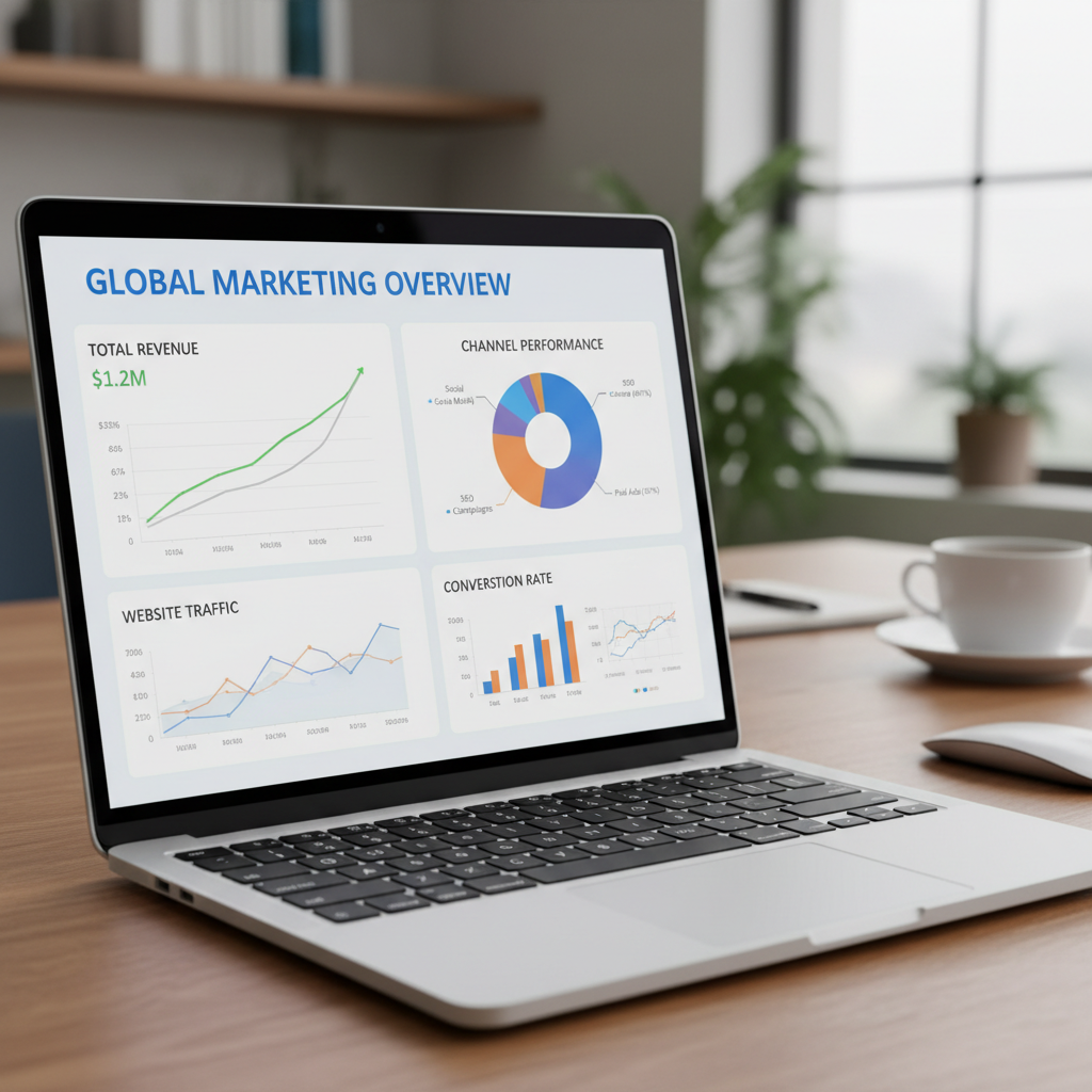 A laptop screen displays a global marketing overview dashboard featuring revenue, channel performance, website traffic, and conversion rate charts.